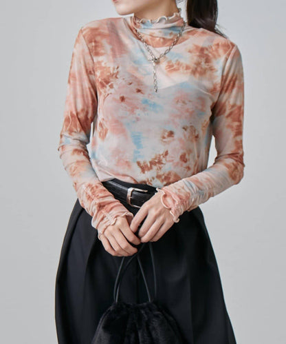 袖褶皺大理石紋透視上衣