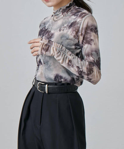 袖褶皺大理石紋透視上衣