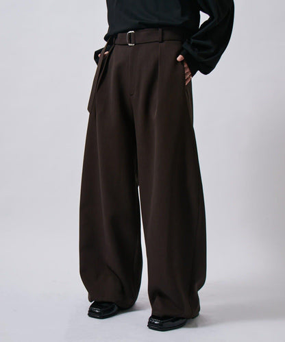 配腰帶雙層布氣球弧形休閒褲