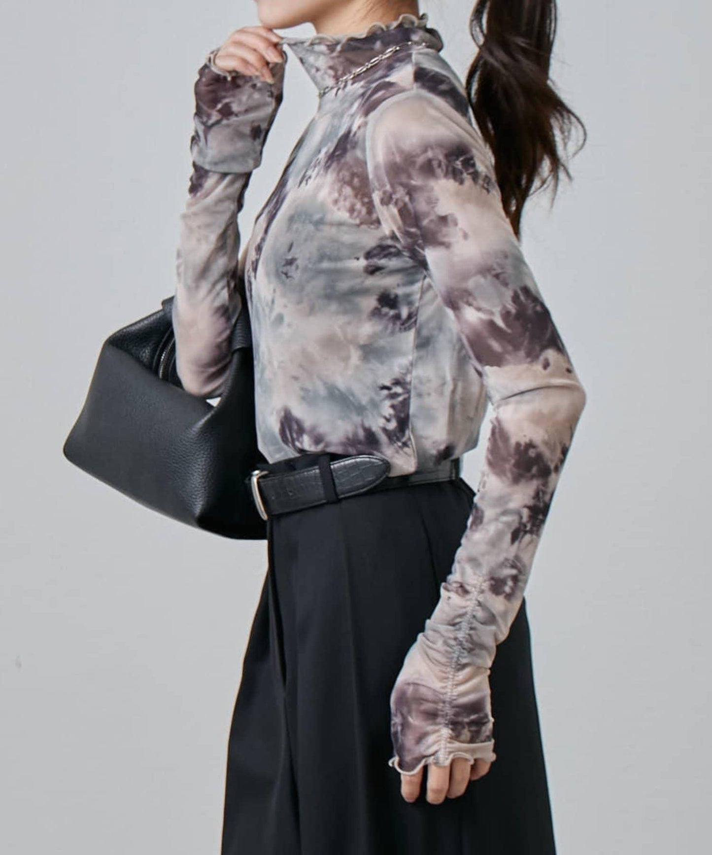 袖褶皺大理石紋透視上衣
