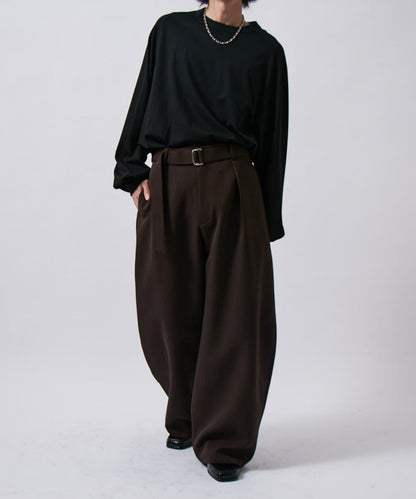 配腰帶雙層布氣球弧形休閒褲