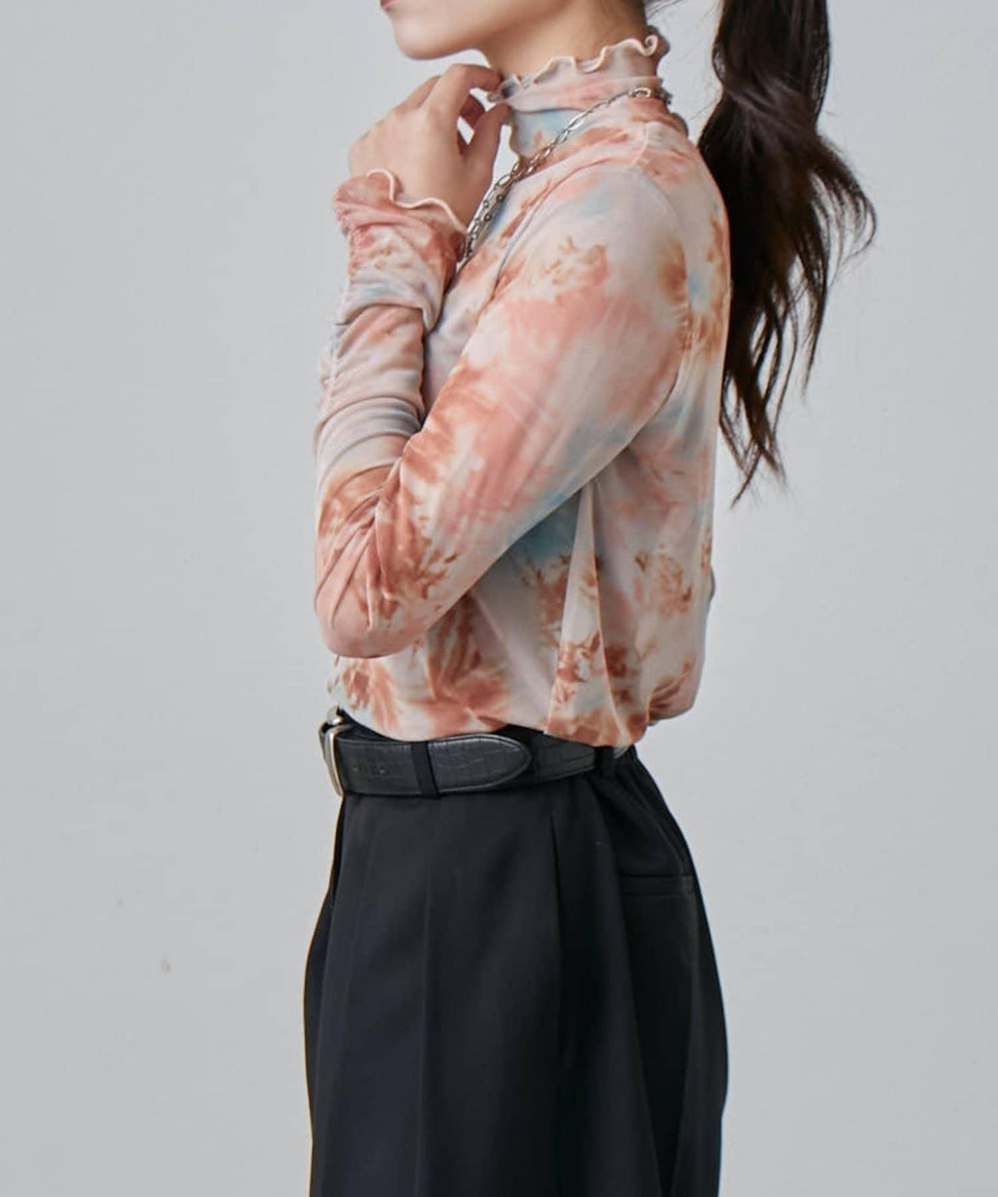 袖褶皺大理石紋透視上衣