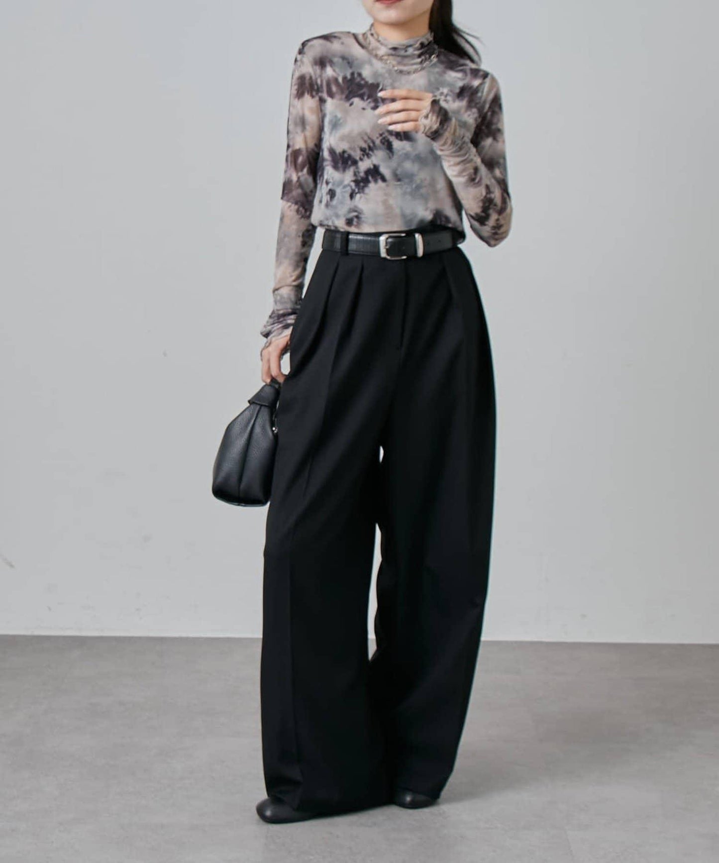 袖褶皺大理石紋透視上衣