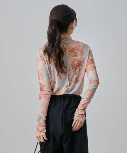 袖褶皺大理石紋透視上衣