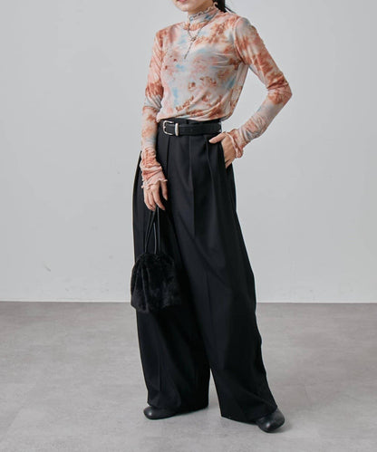 袖褶皺大理石紋透視上衣