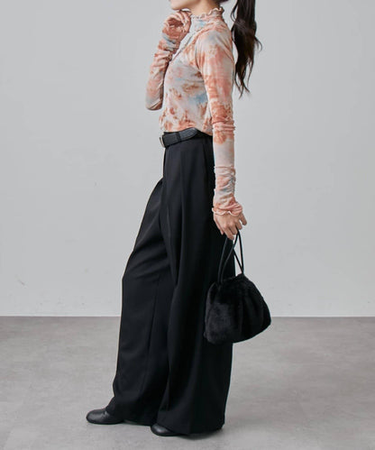 袖褶皺大理石紋透視上衣