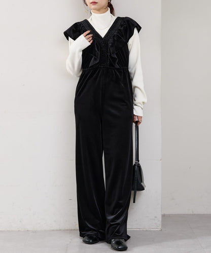 天鵝絨荷葉邊連體褲