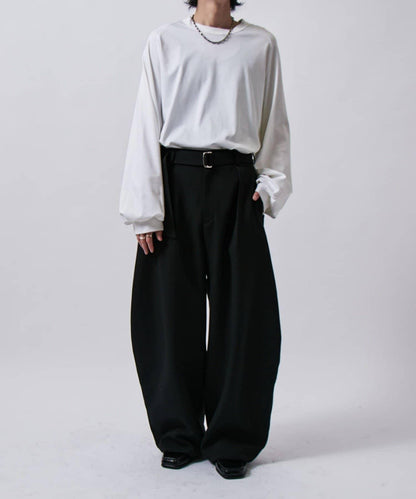 配腰帶雙層布氣球弧形休閒褲