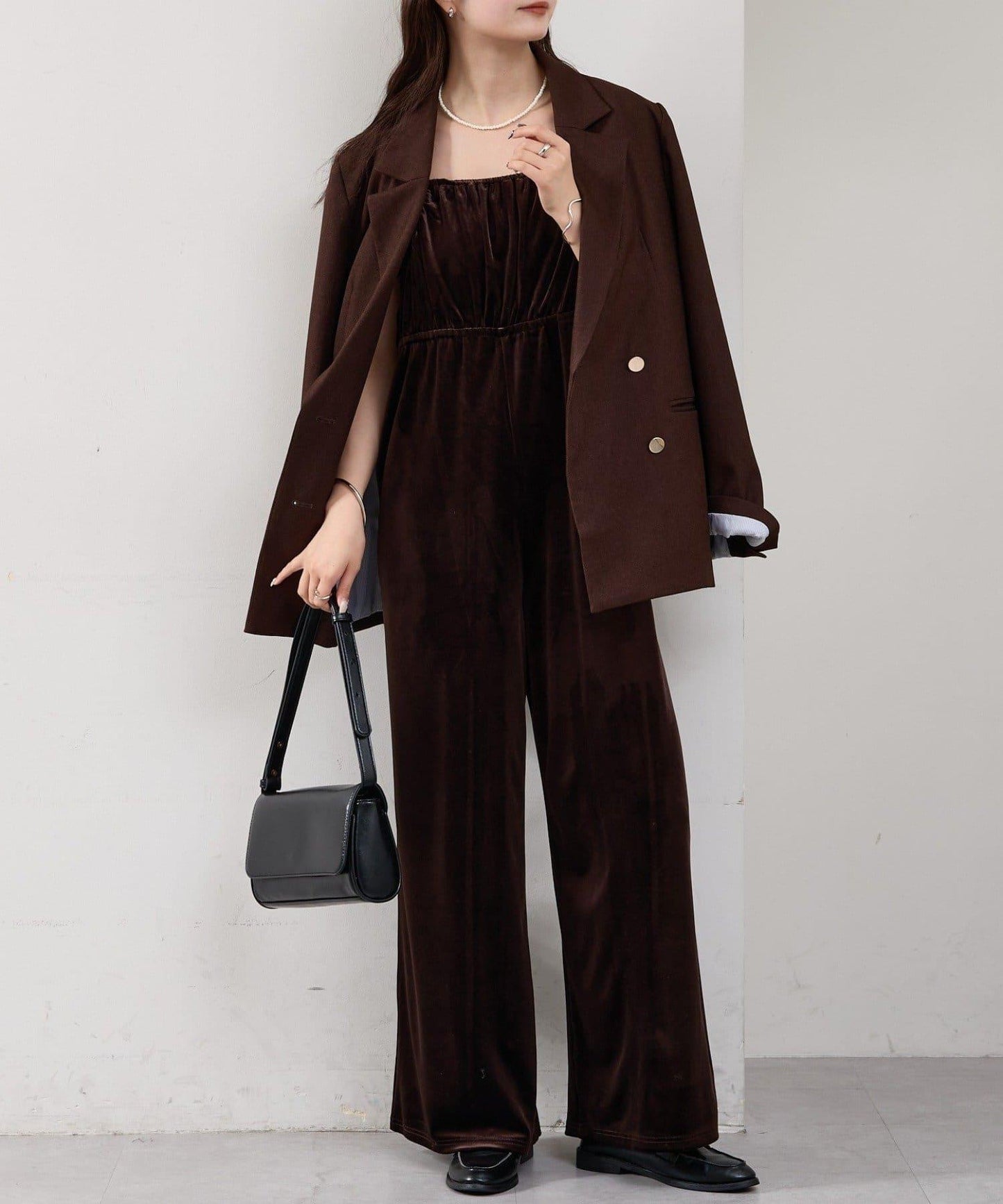 天鵝絨荷葉邊連體褲