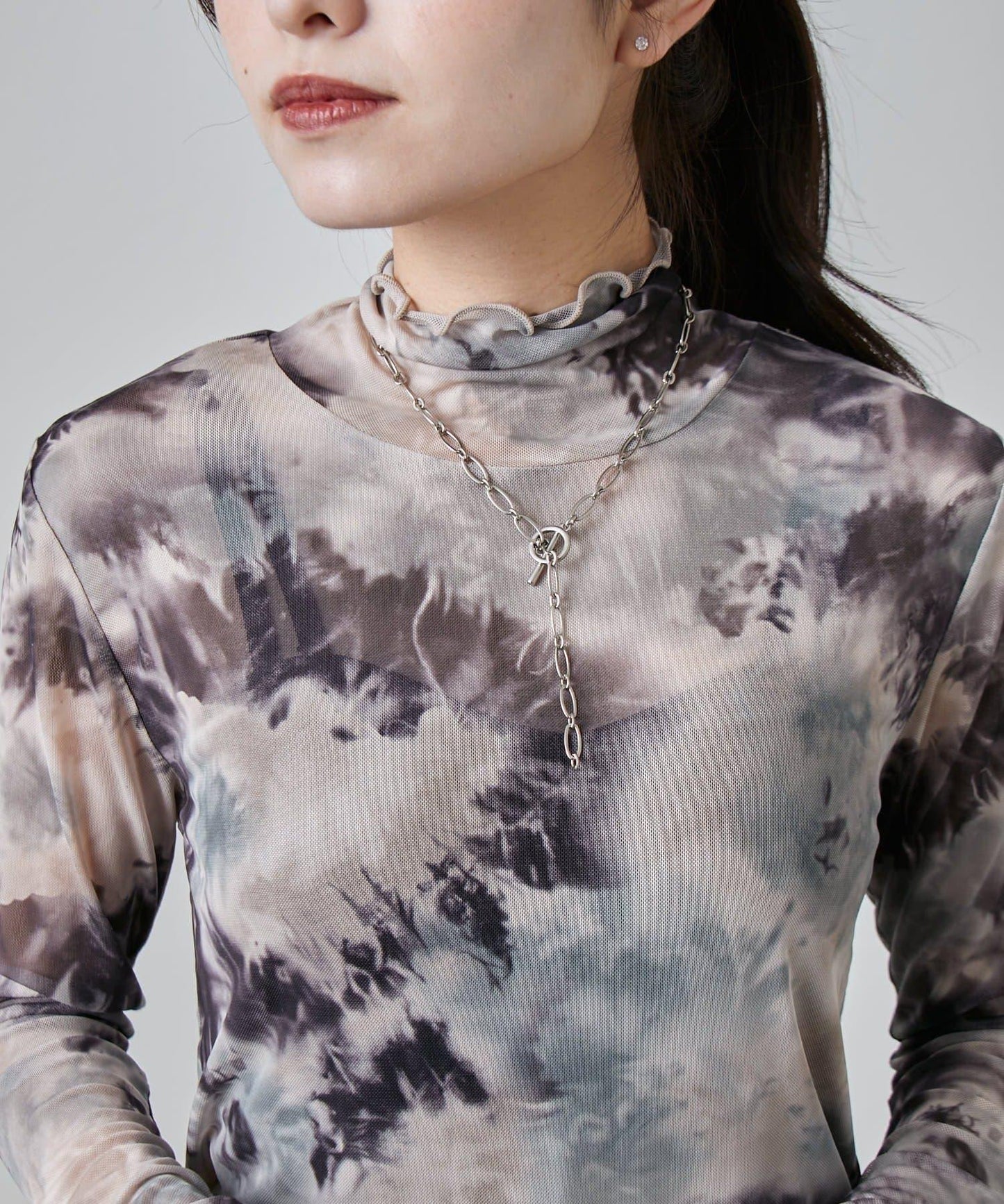 袖褶皺大理石紋透視上衣