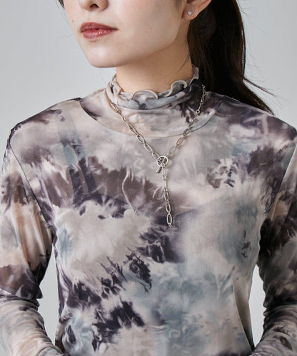 袖褶皺大理石紋透視上衣