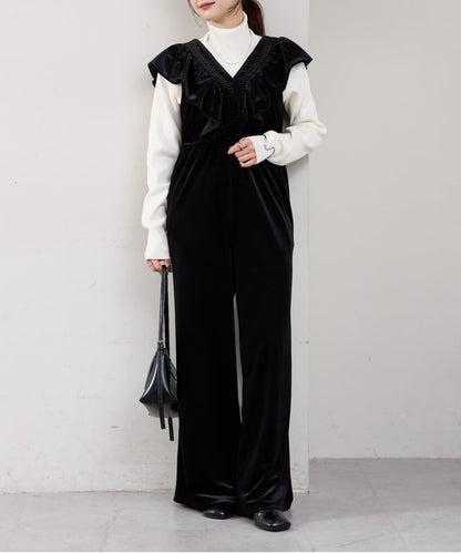 天鵝絨荷葉邊連體褲