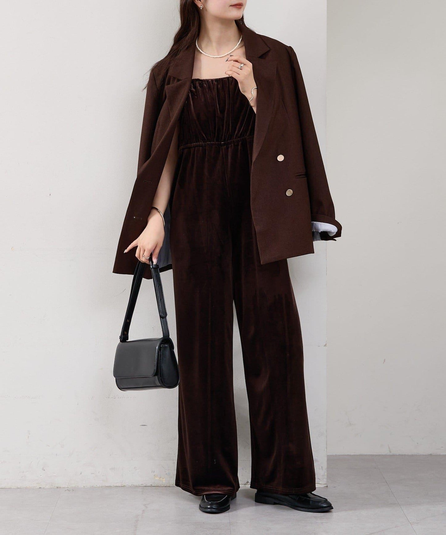 天鵝絨荷葉邊連體褲