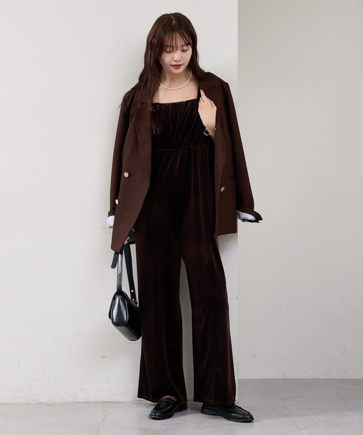 天鵝絨荷葉邊連體褲