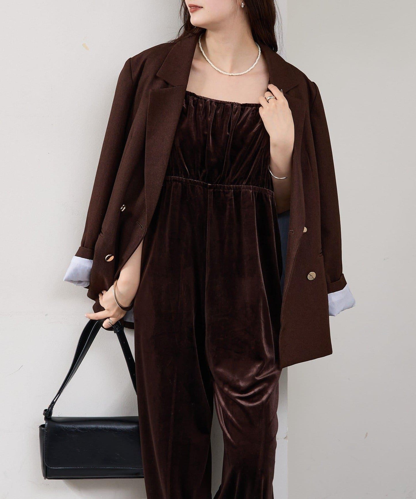 天鵝絨荷葉邊連體褲