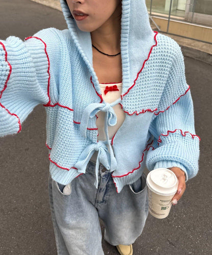 ★【HELLO.SANFRANCISCO/ハローサンフランシスコ】拼色荷葉邊拼接連帽開衫