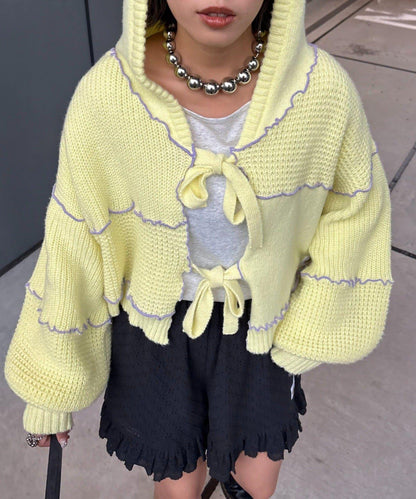 ★【HELLO.SANFRANCISCO/ハローサンフランシスコ】拼色荷葉邊拼接連帽開衫