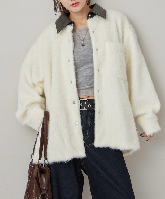 【WHO'S WHO gallery】拼接領口長毛襯衫夾克