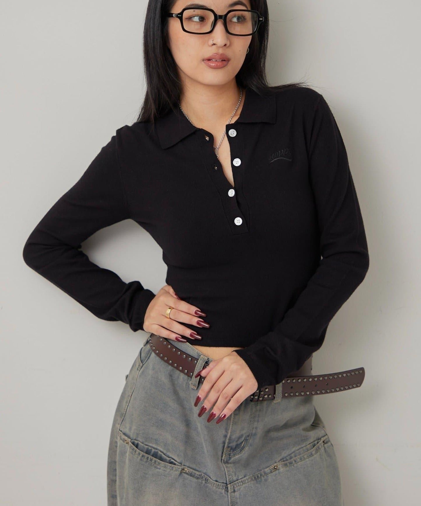 合身長袖針織POLO衫