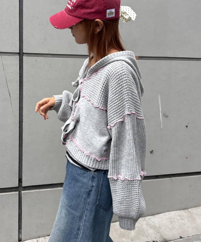 ★【HELLO.SANFRANCISCO/ハローサンフランシスコ】拼色荷葉邊拼接連帽開衫