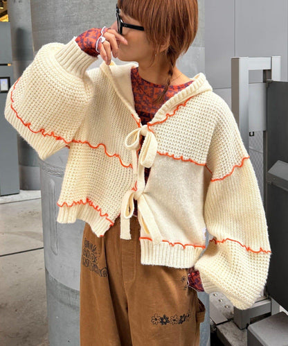 ★【HELLO.SANFRANCISCO/ハローサンフランシスコ】拼色荷葉邊拼接連帽開衫