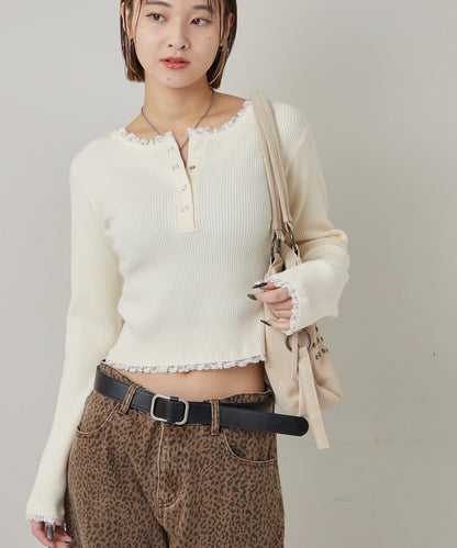 蕾絲拼接亨利領針織衫