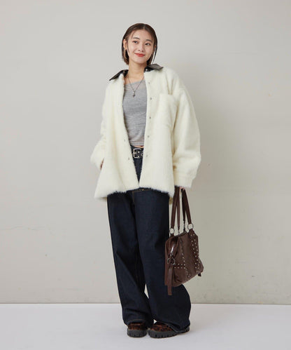 【WHO'S WHO gallery】拼接領口長毛襯衫夾克