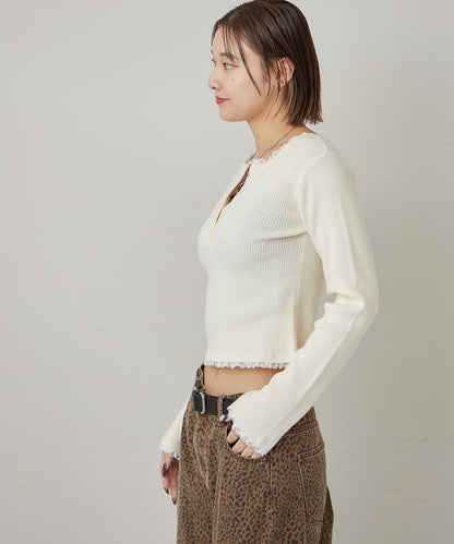 蕾絲拼接亨利領針織衫