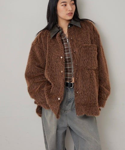 【WHO'S WHO gallery】拼接領口長毛襯衫夾克