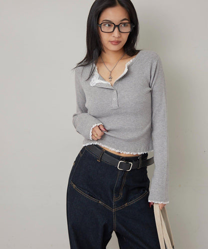 蕾絲拼接亨利領針織衫