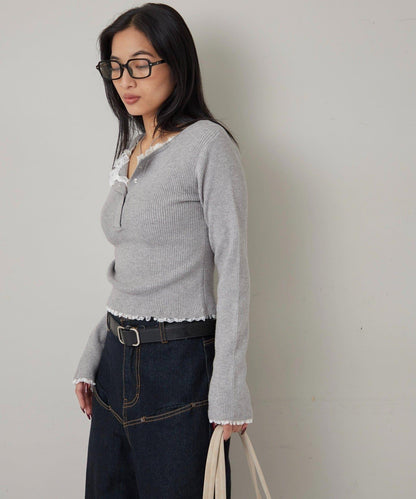 蕾絲拼接亨利領針織衫