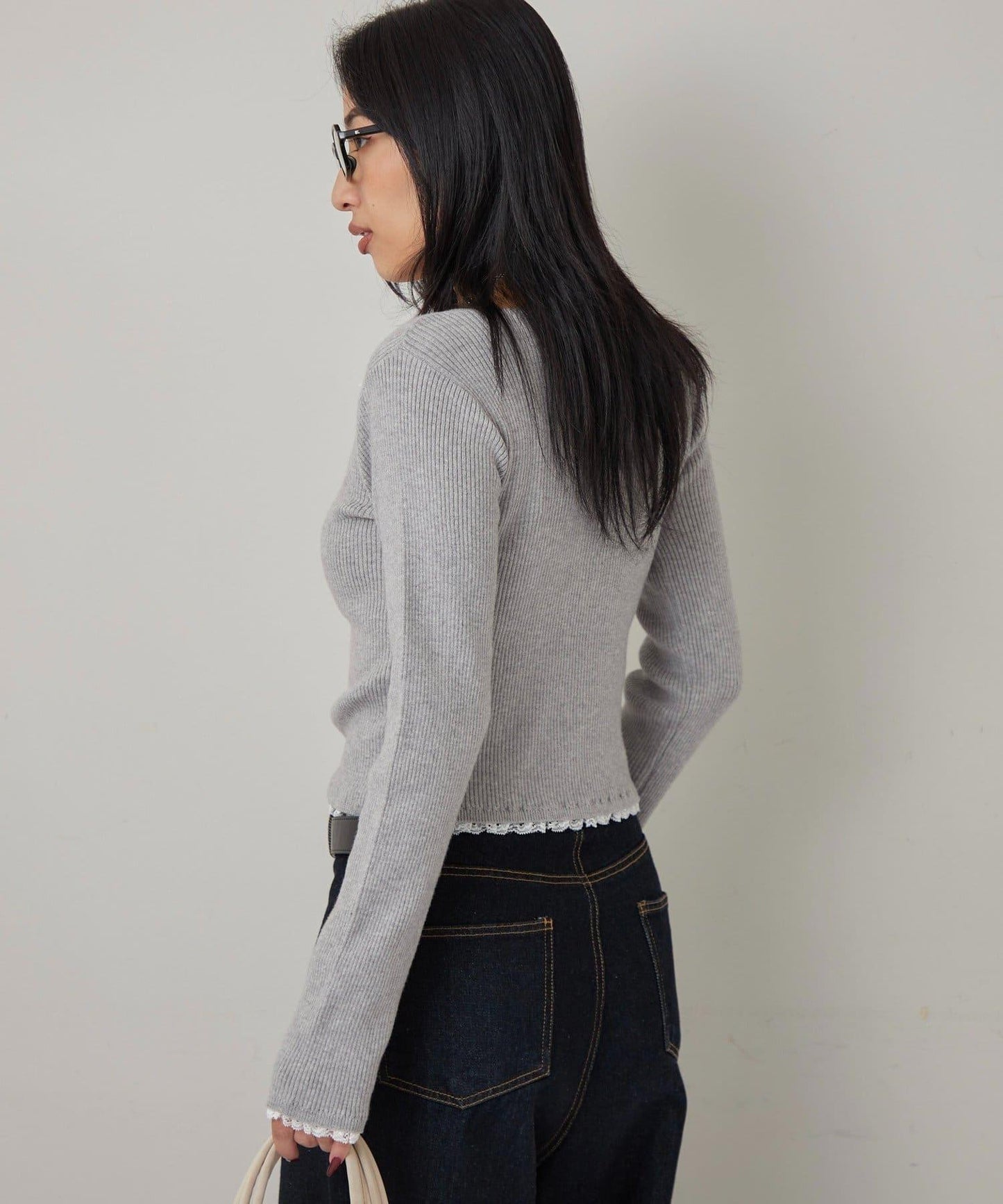 蕾絲拼接亨利領針織衫