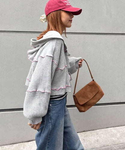 ★【HELLO.SANFRANCISCO/ハローサンフランシスコ】拼色荷葉邊拼接連帽開衫