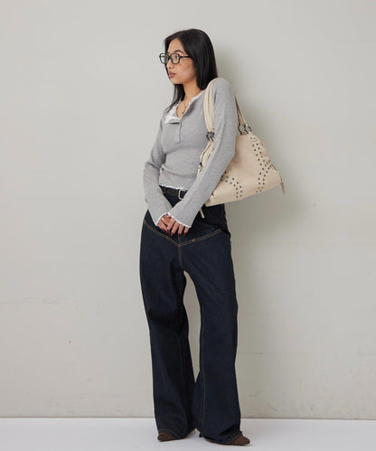 蕾絲拼接亨利領針織衫