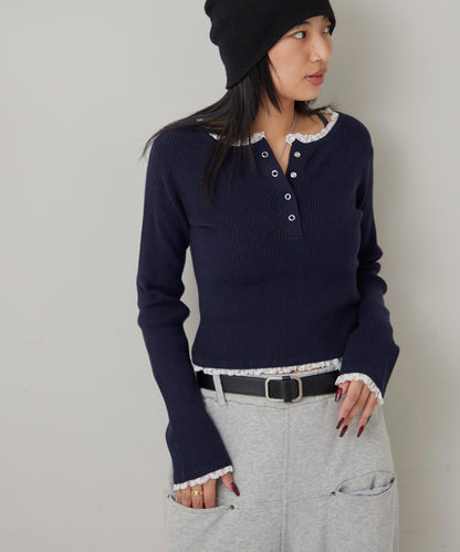 蕾絲拼接亨利領針織衫