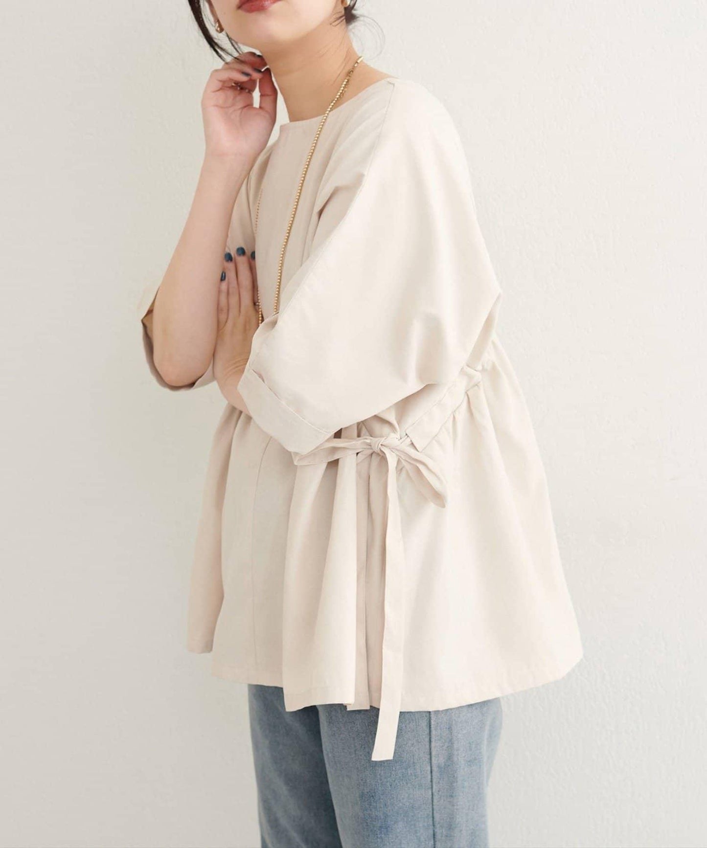 側抽繩七分袖襯衫