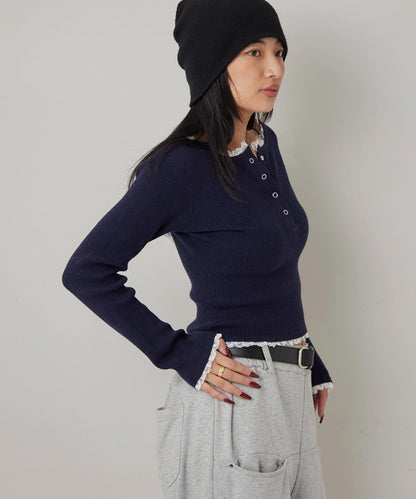 蕾絲拼接亨利領針織衫