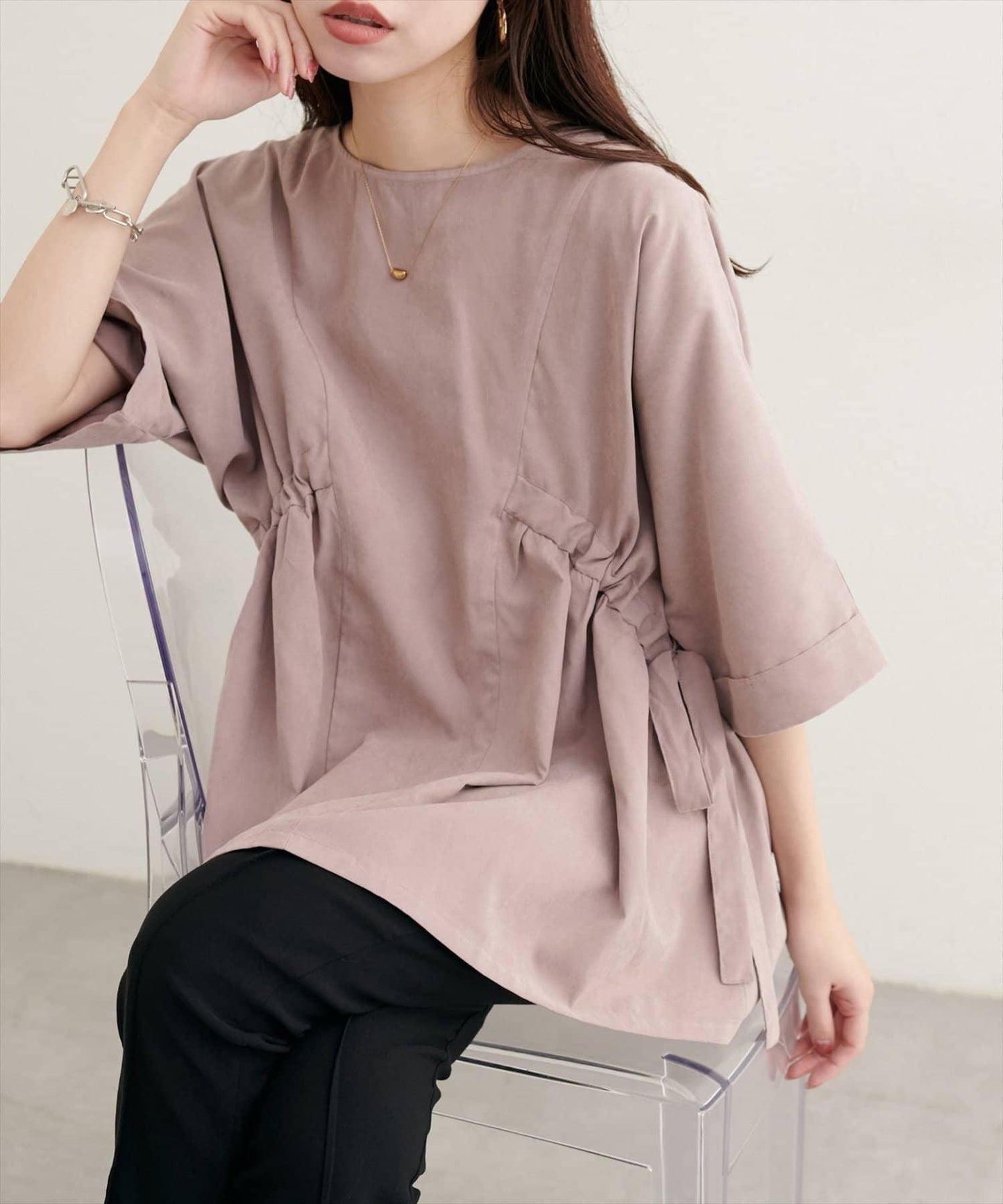 側抽繩七分袖襯衫