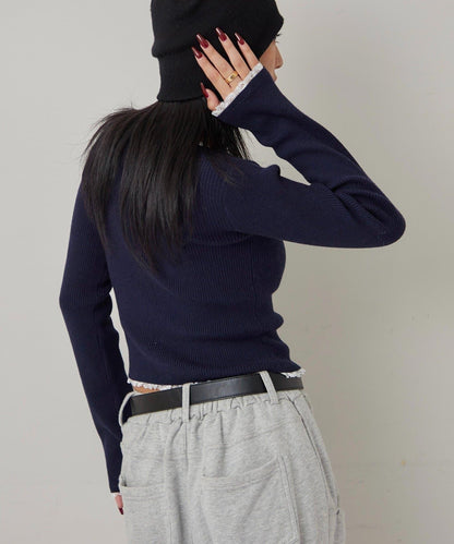 蕾絲拼接亨利領針織衫