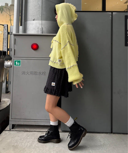 ★【HELLO.SANFRANCISCO/ハローサンフランシスコ】拼色荷葉邊拼接連帽開衫