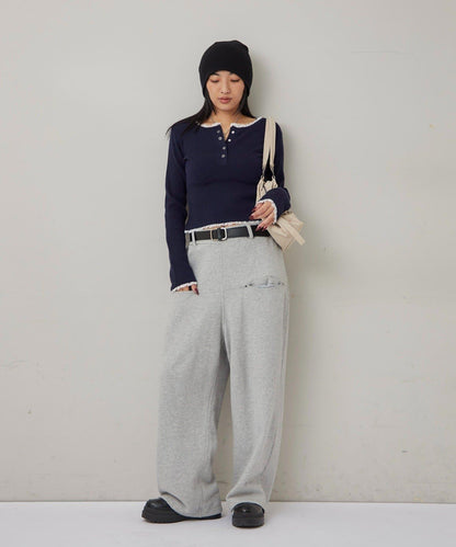 蕾絲拼接亨利領針織衫