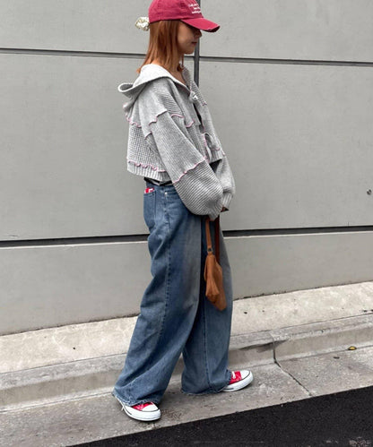 ★【HELLO.SANFRANCISCO/ハローサンフランシスコ】拼色荷葉邊拼接連帽開衫