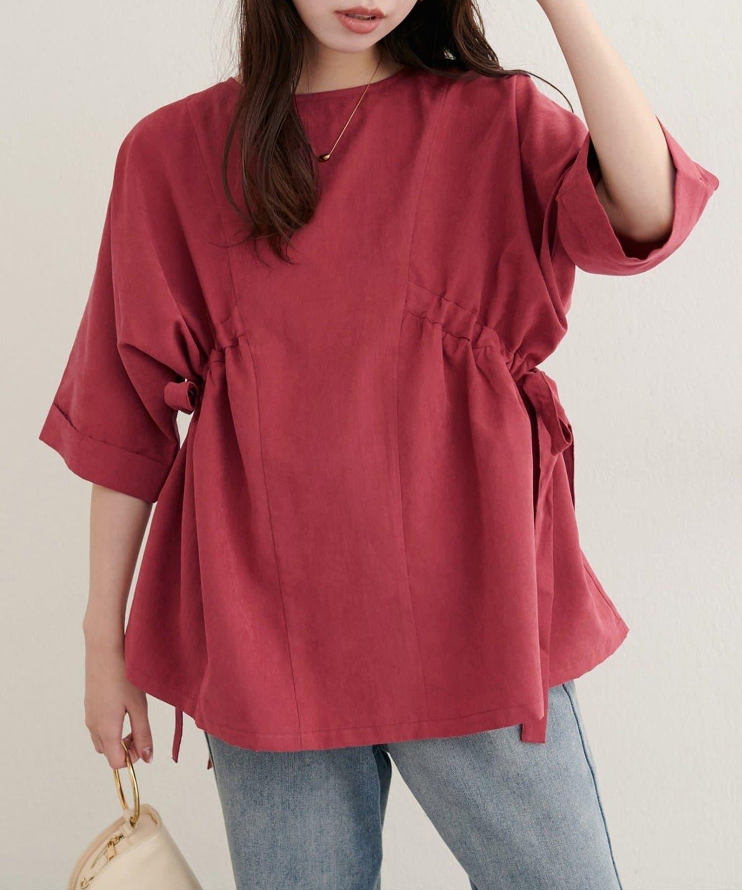 側抽繩七分袖襯衫