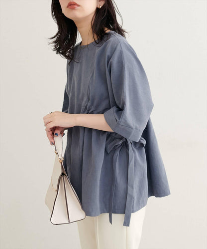 側抽繩七分袖襯衫