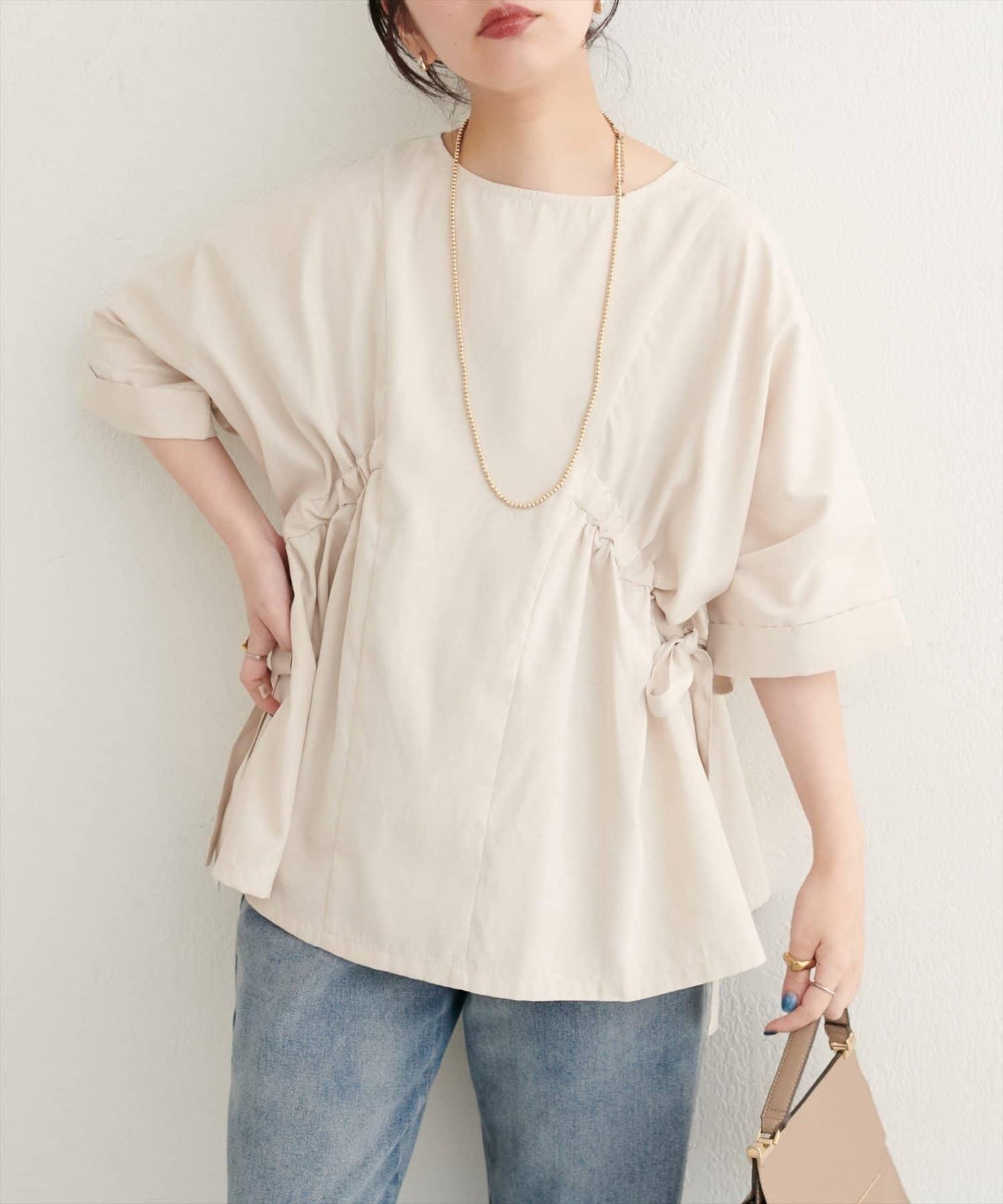 側抽繩七分袖襯衫