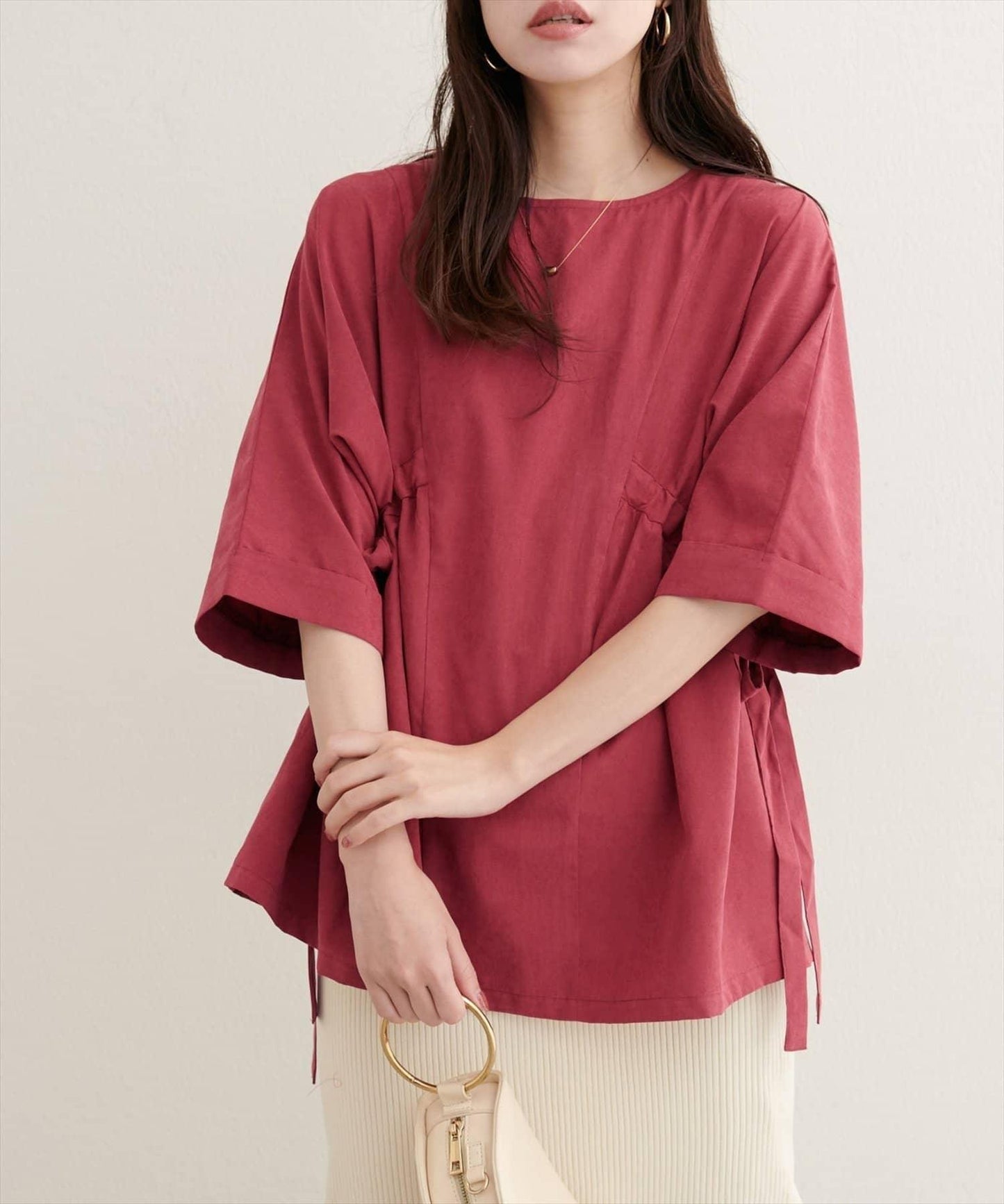 側抽繩七分袖襯衫