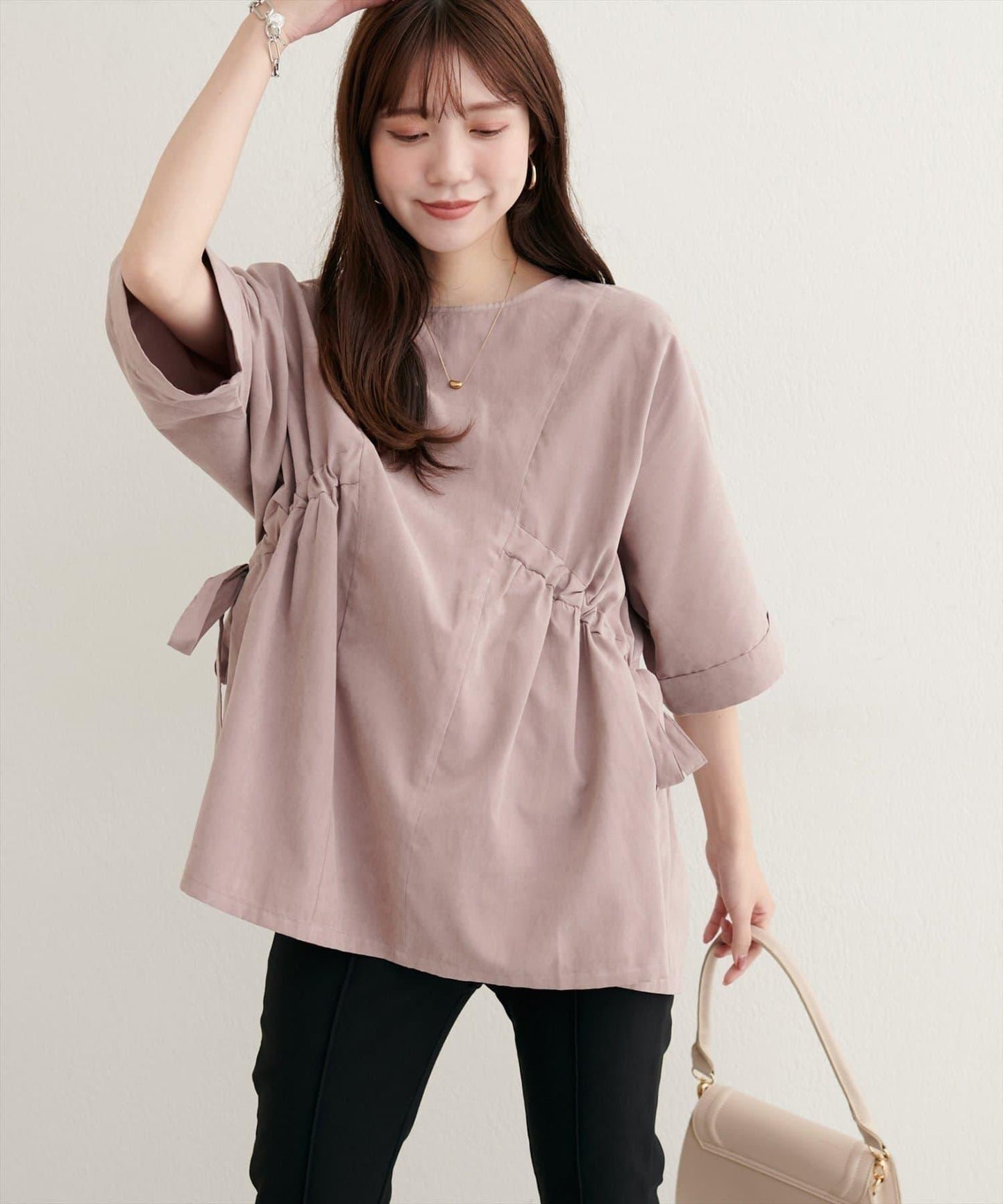 側抽繩七分袖襯衫
