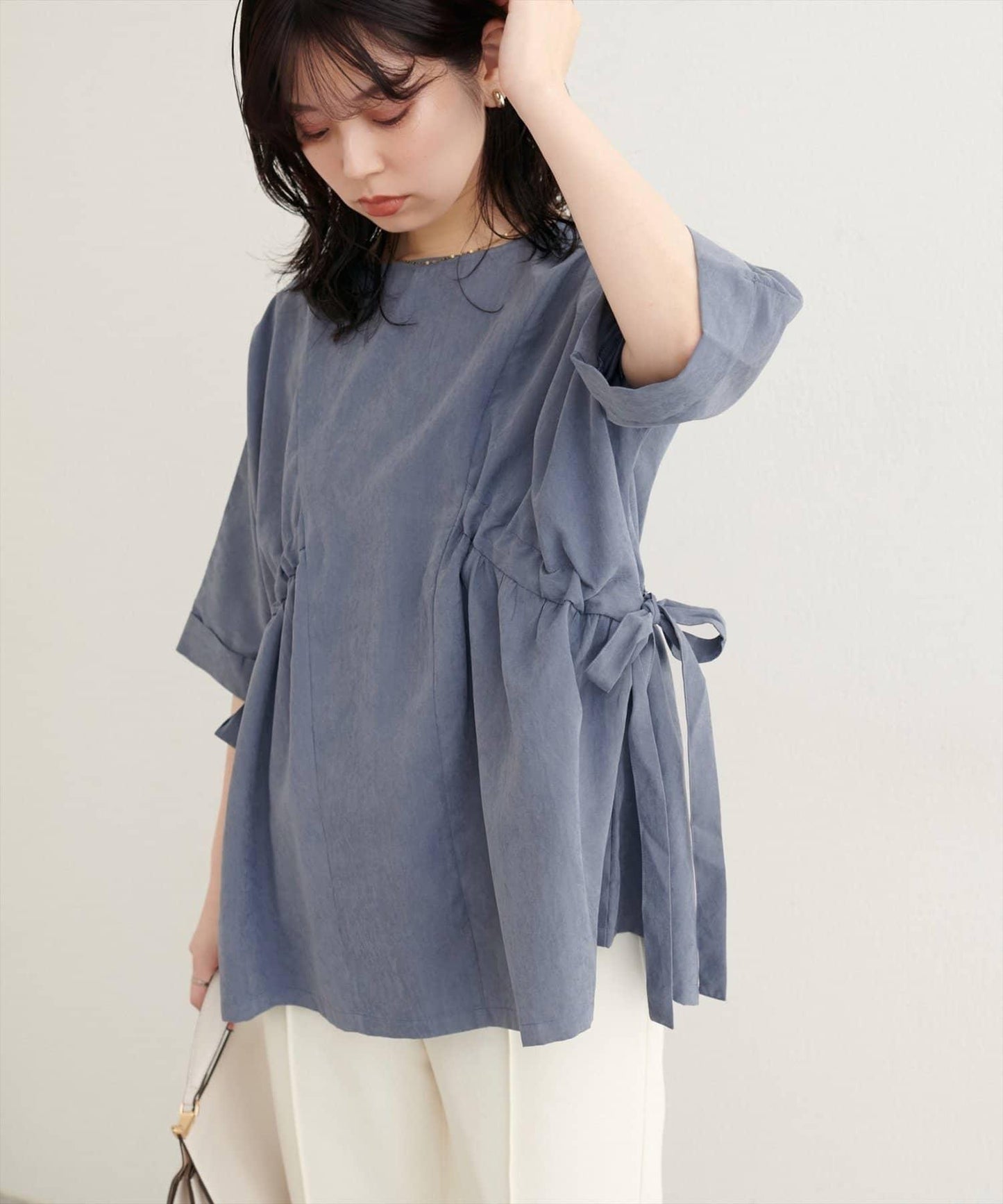 側抽繩七分袖襯衫