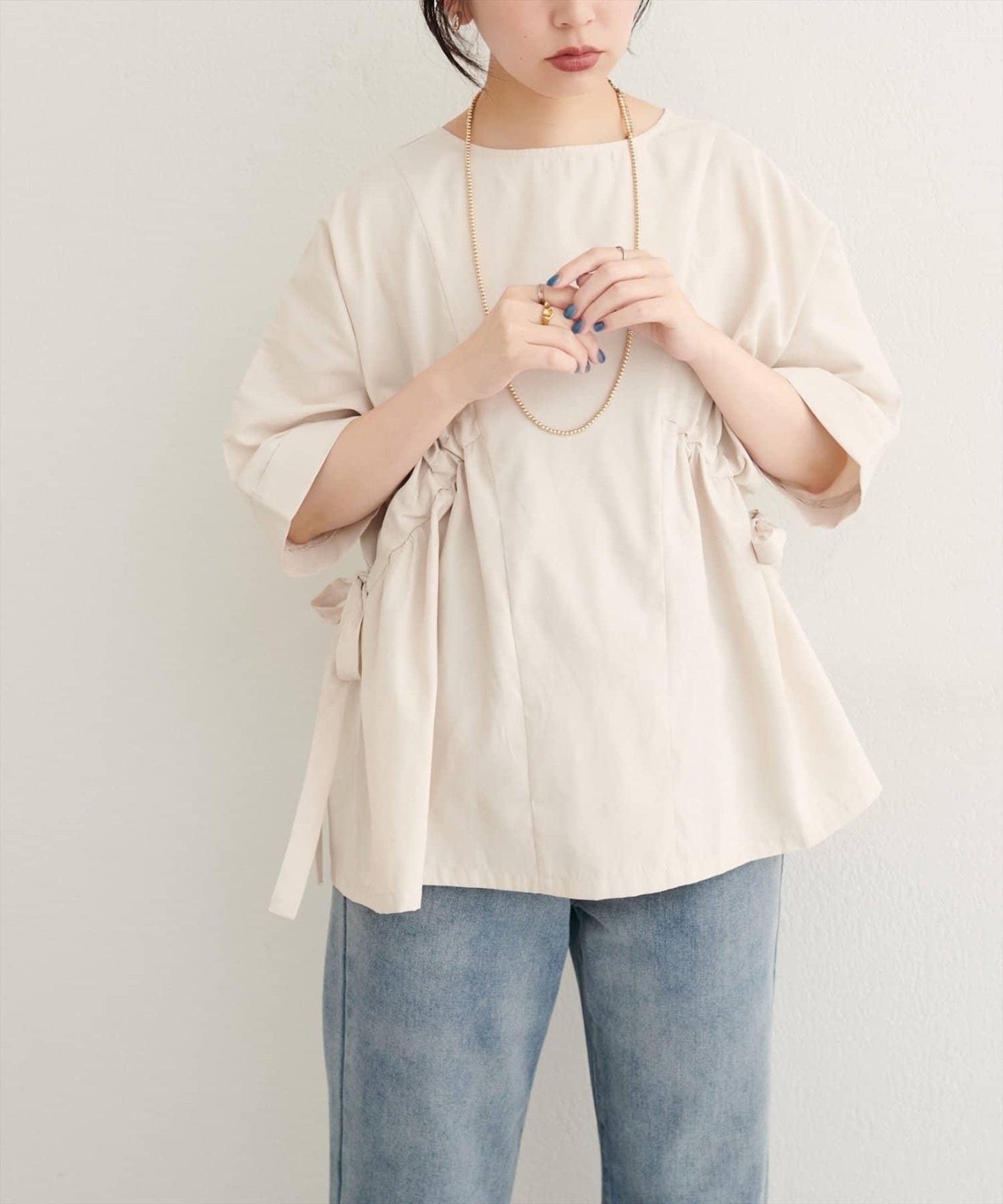 側抽繩七分袖襯衫