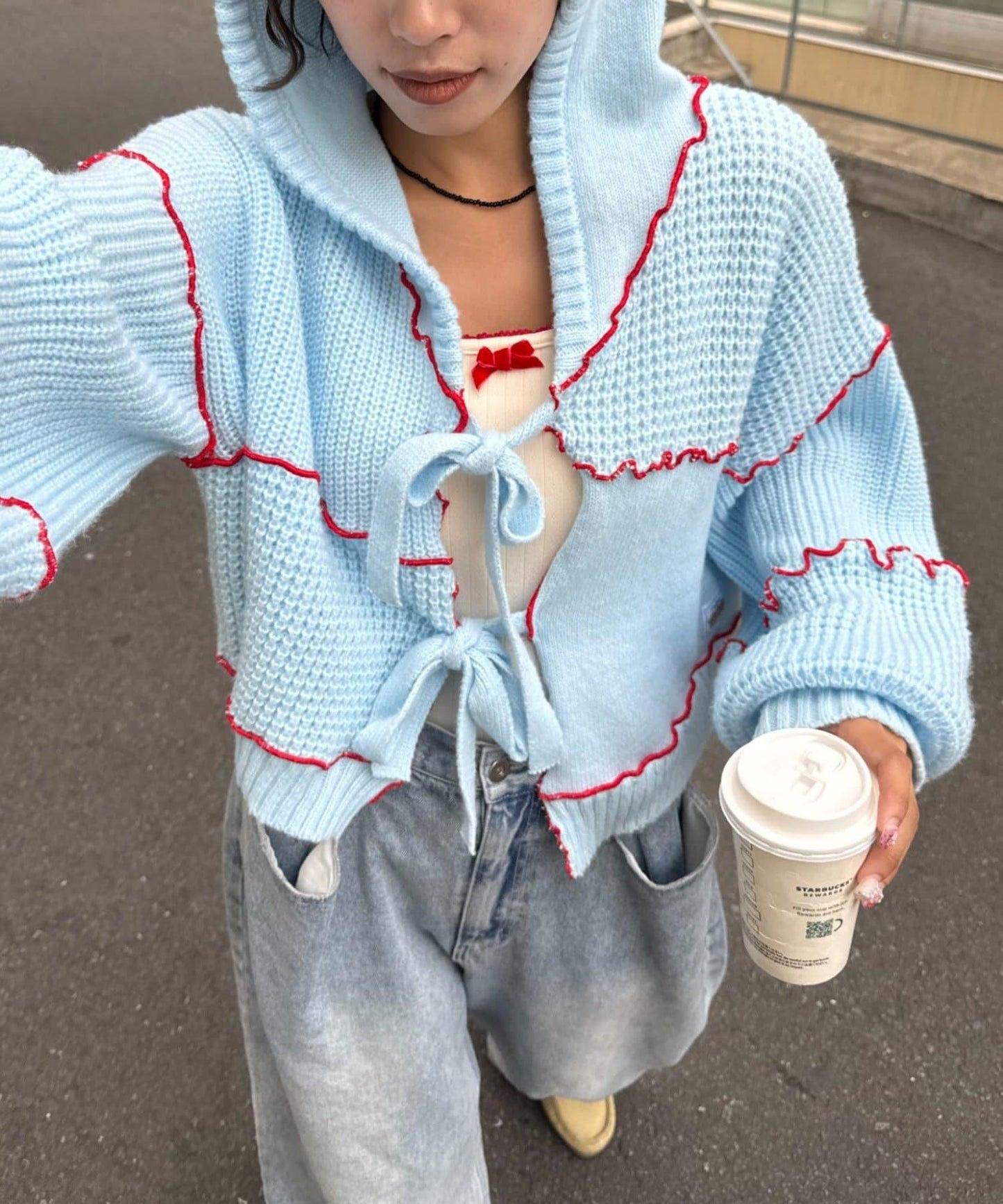 ★【HELLO.SANFRANCISCO/ハローサンフランシスコ】拼色荷葉邊拼接連帽開衫